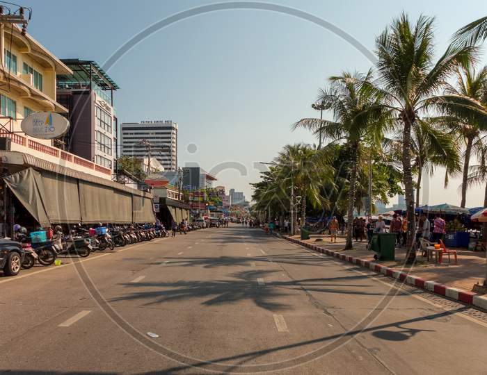 Pattaya,Thailand - April 13,2018: Beachroad Because Of The Songkran Parade A Part Of The Road Was Closed For Traffic.