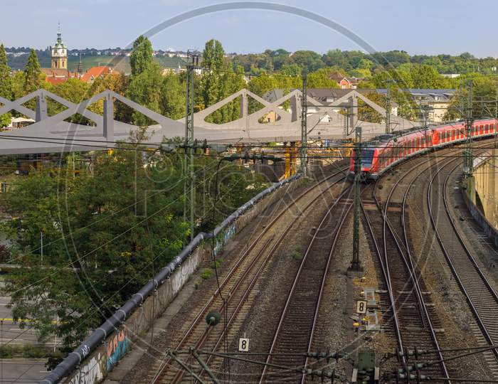 Stuttgart,Germany - September 15,2018: Bad Cannstatt This Is The Bridge With Railways For Trains,Which Are Leading From Main Station To The Train Station Of Bad Cannstatt.