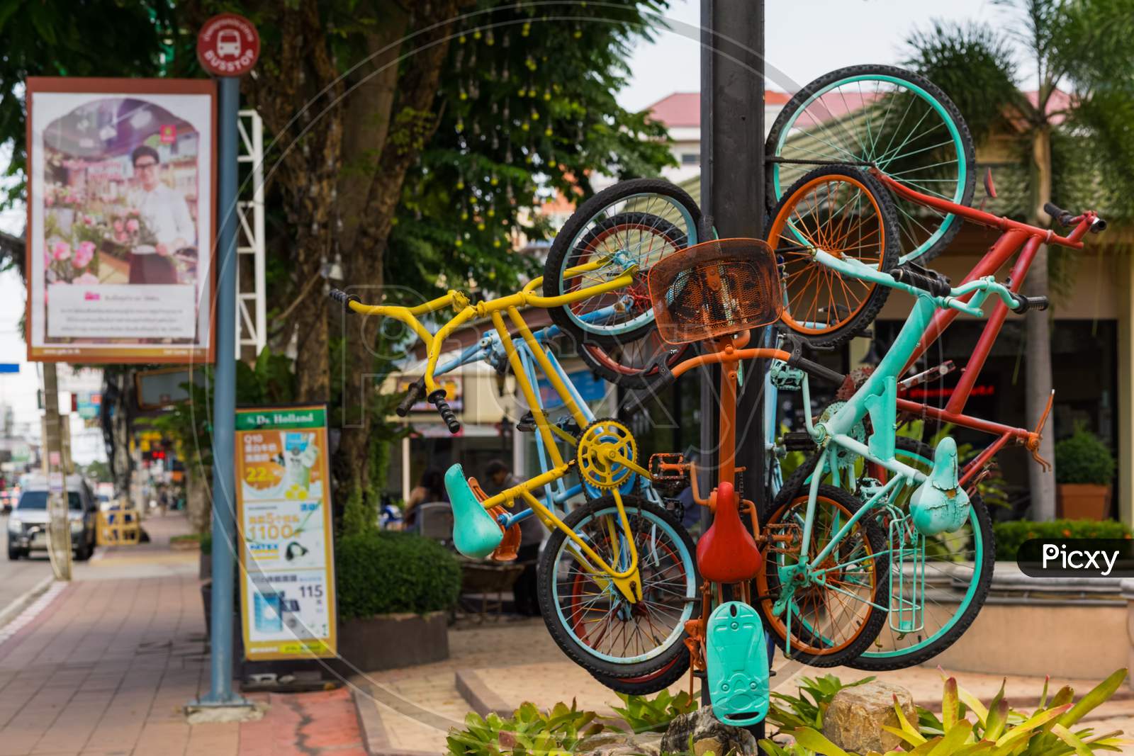 Naklua,Thailand - October 17,2018: Naklua Road This Is A Colorful Decoration Made Out Of Bikes.This Area Is A Popular Place Among Tourists From Germany.