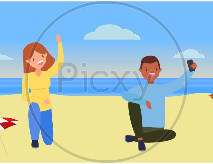 Couple Is Sitting on Sand On The Beach