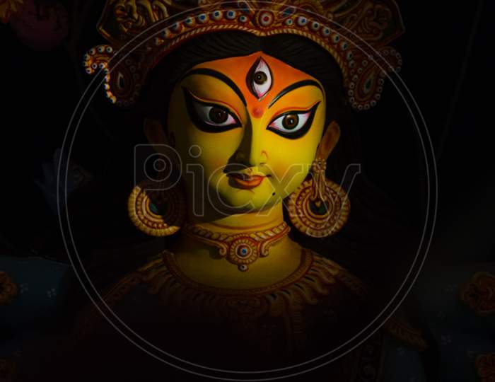 Close up of Maa Durga's face during Durga Puja.
