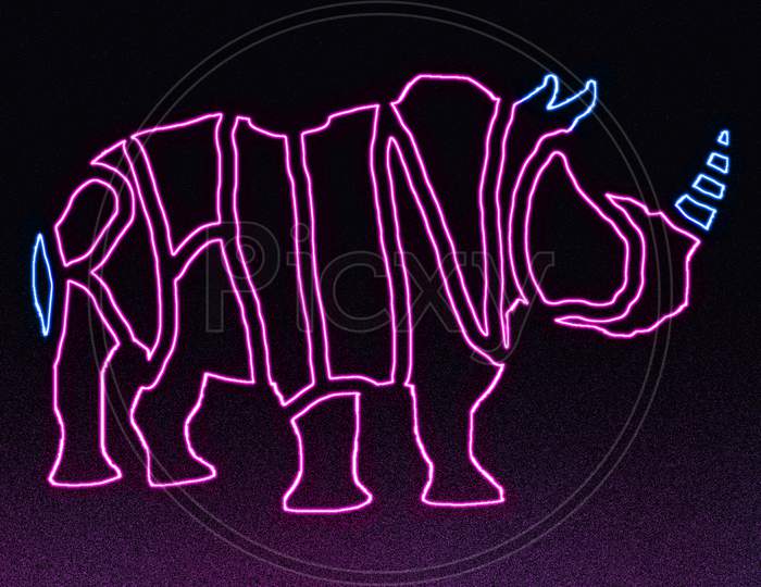 Text RHINO is written in the shape of a rhino with neon light effect. animal text outline with neon light effect.