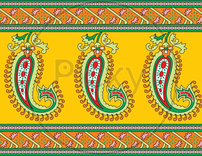 Colorful Abstract Ornament Kalamkari Outline Paisley Border Design