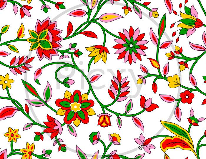 Colorful Floral Flower Leaf Kalamkari Pattern Design