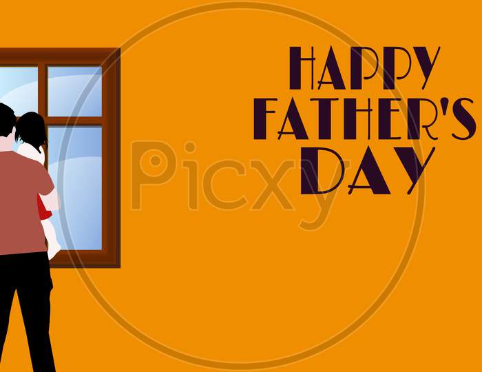 Web header or banner design with a daughter on his father's arm and seeing outside the window together, with the text "HAPPY FATHER'S DAY" and copy space on the side of the frame.
