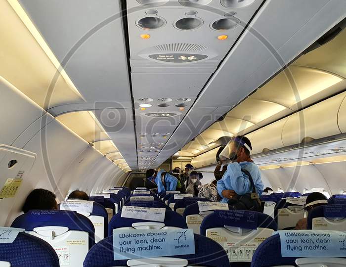6Th June 2020- Netaji Subhas Chandra Bose International Airport, Calcutta, India-Passengers In Protective Gear Inside An Indigo Flight As Flight Services Resume Post Lockdown In India