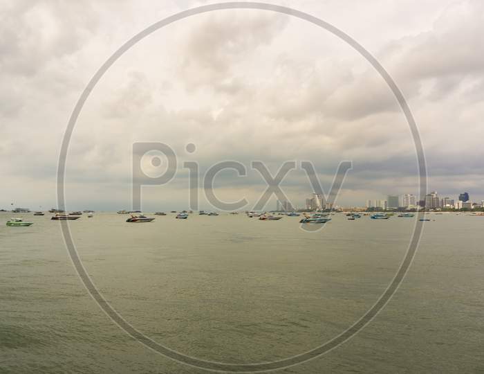 Pattaya,Thailand - April 17,2018: Bali Hai This Is The View From The Harbour To The City.Tourists Start Trips There To Koh Larn And Koh Sak By Boats And Ships.
