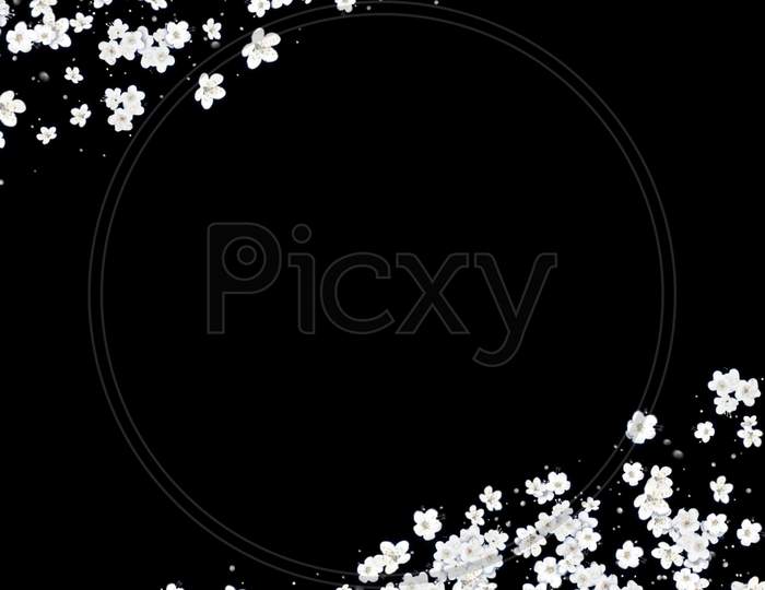 White flower background with copy space. Black background with the flowers  around the corners of the frame with the place for text and design.