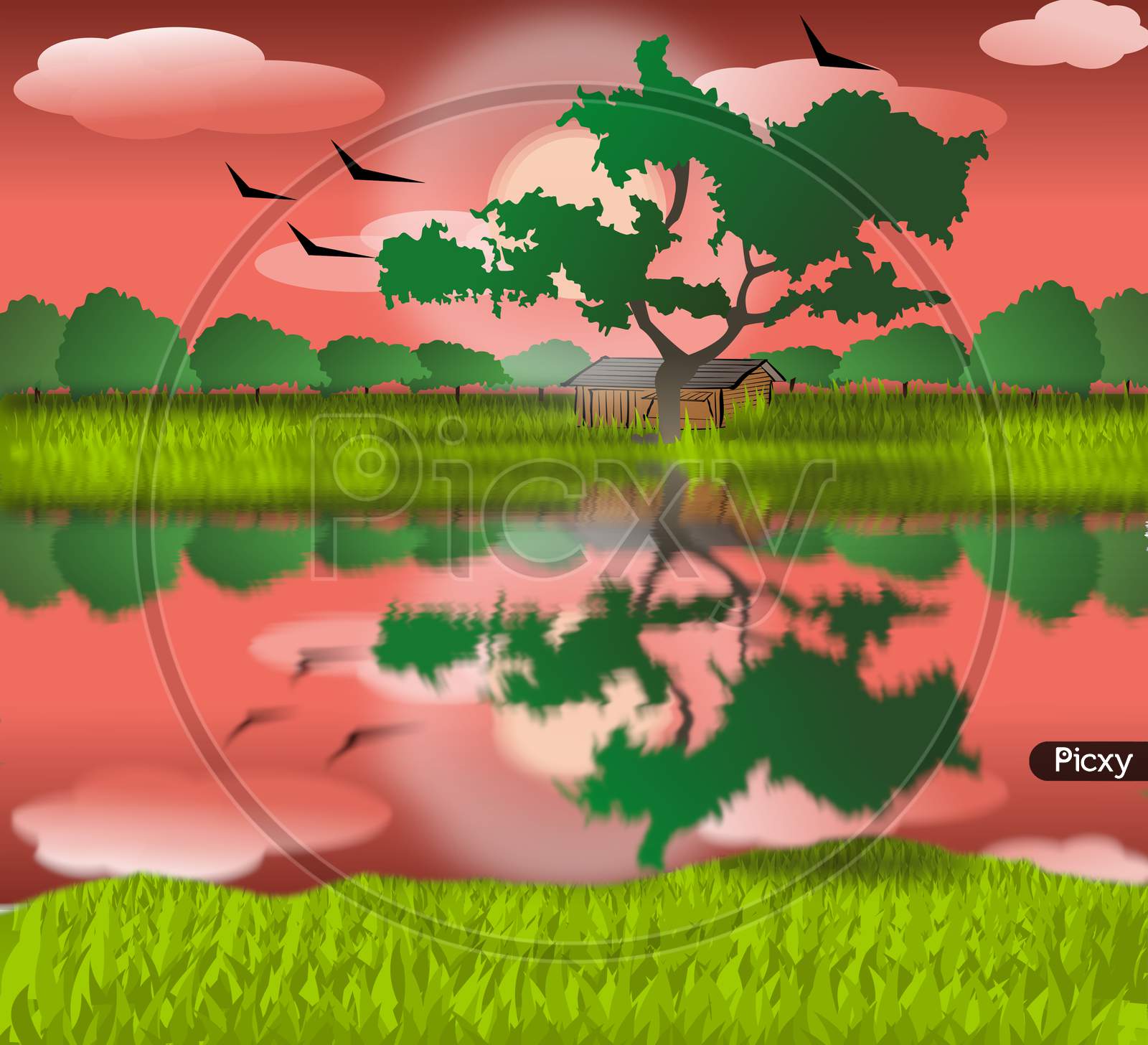 A beautiful evening view illustration graphic of the village with the red sky, bright sun, flying birds, farmlands, trees, meadows, hurt, clouds, and a lunar reflection on the water in the background.