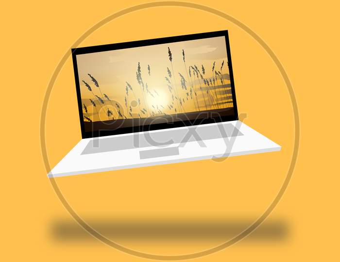3D illustration graphic of a laptop with beautiful sun rising from the horizon through fields of grass landscape scene on the display, isolated on yellow background.
