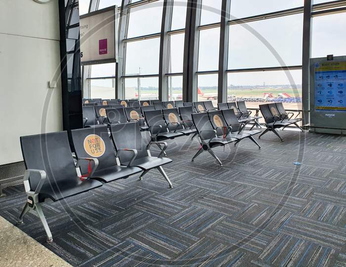 6Th June 2020- Netaji Subhas Chandra Bose International Airport, Calcutta, India-Seats Arranged To Maintain Social Distancing At Calcutta Airport As Flight Services Domestic Resumes