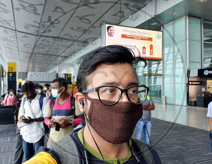 6Th June 2020- Netaji Subhas Chandra Bose International Airport, Calcutta, India-Passengers With Facemask And Shield As Flight Services Resume At Calcutta Airport Post Lockdown