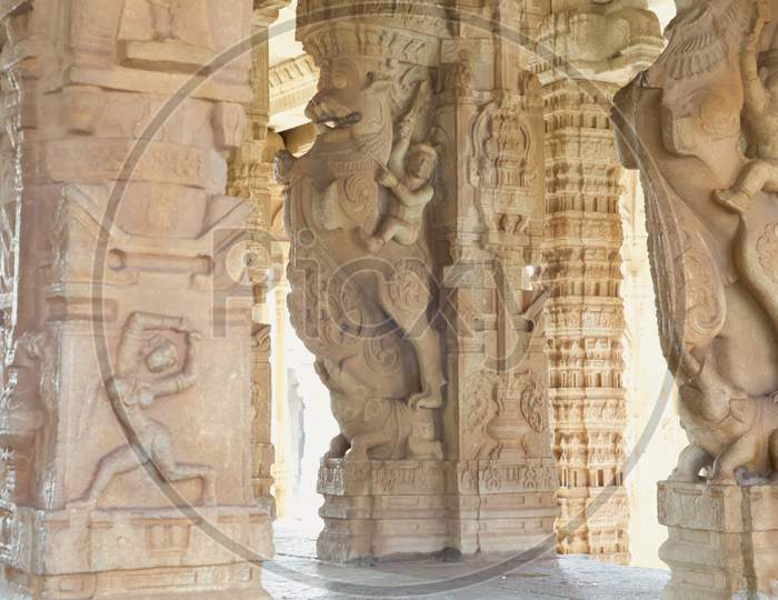 Carvings On The Columns Of The Vitthala Temple, Hampi. Here You Can See The Figures And Designs Carved Into The Stone. India