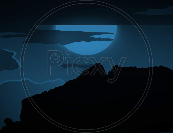 Vector graphic of the beautiful night view of mountain range and the bright moon hidden behind the heavy clouds.