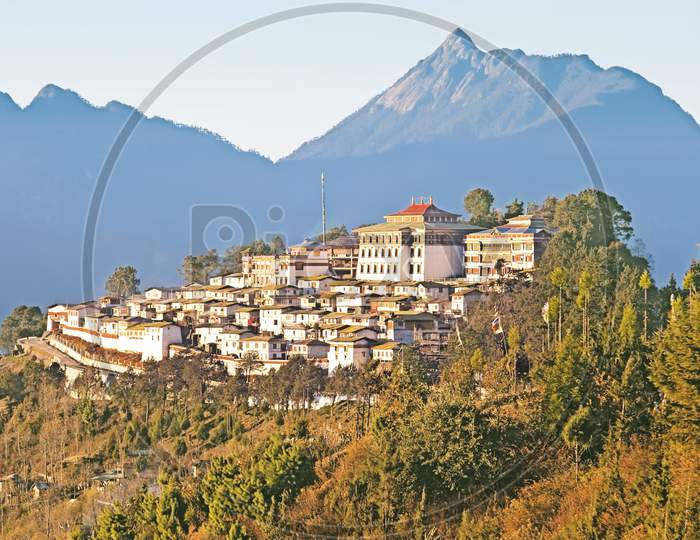 India Tawang Monastery, Arunachal With Blue Mountain And Sky