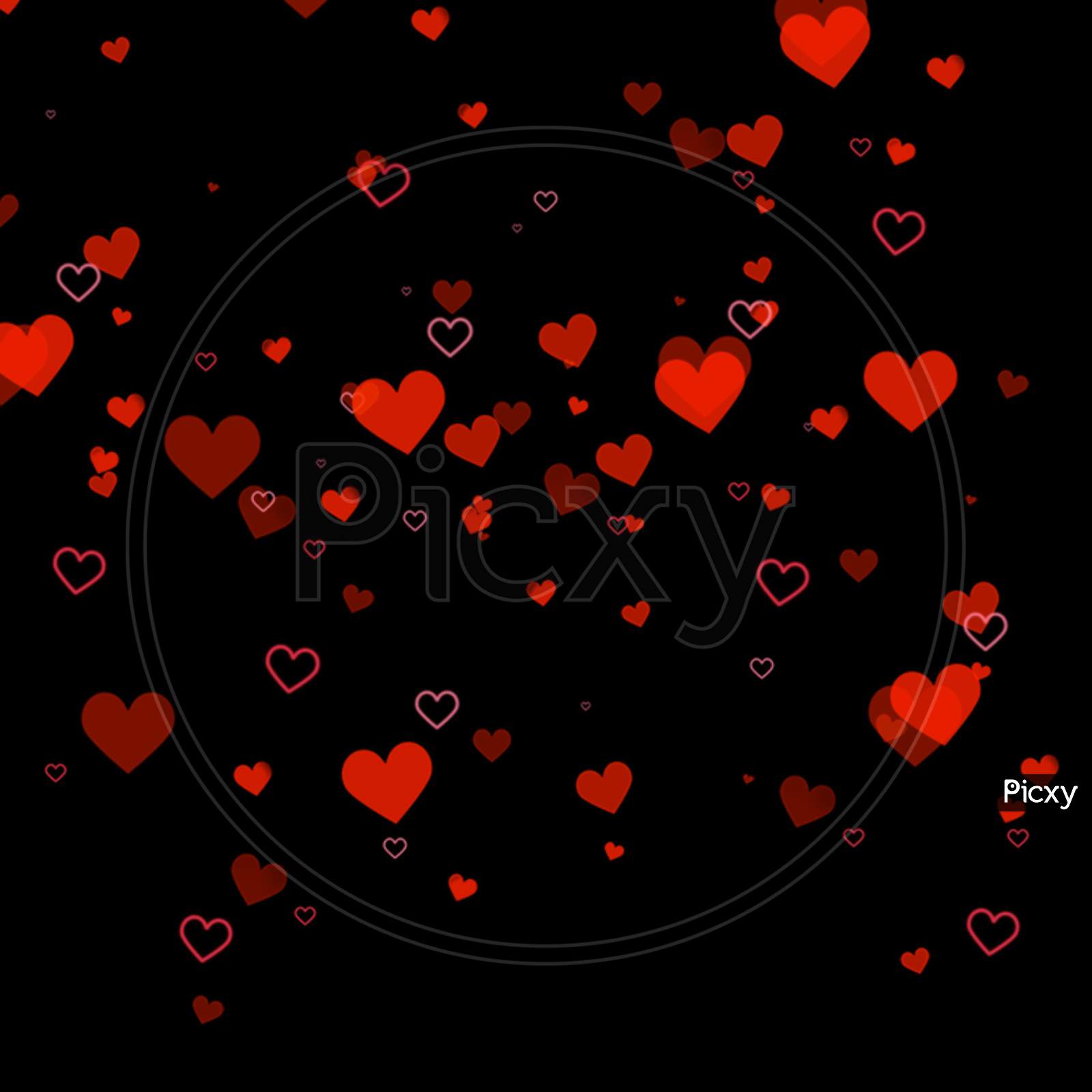 Image of Red color heart background with copy space. Black background with  the red heart shape repeated pattern in the frame. The place for text and  