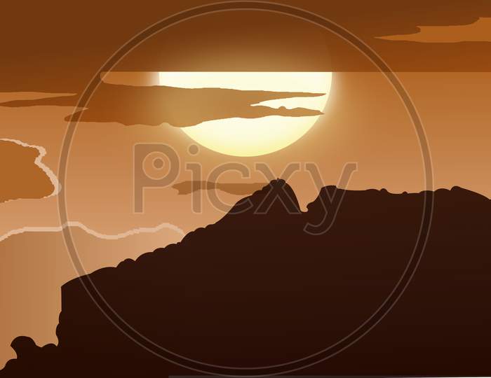 Vector graphic of the beautiful mountain range and the bright sun hidden behind the heavy clouds.