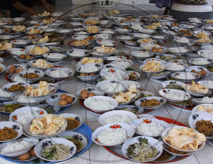 Plates With Food At A Ramadan Ceremony In Gili Air