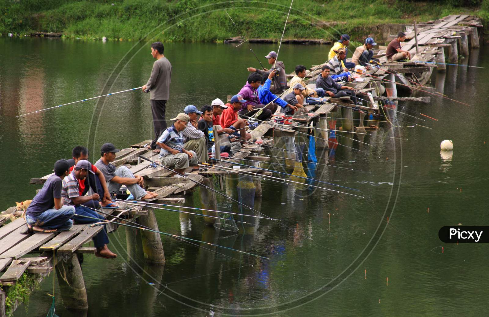 Busy Fishing Pond Crowded With Fishermen, Sumatra