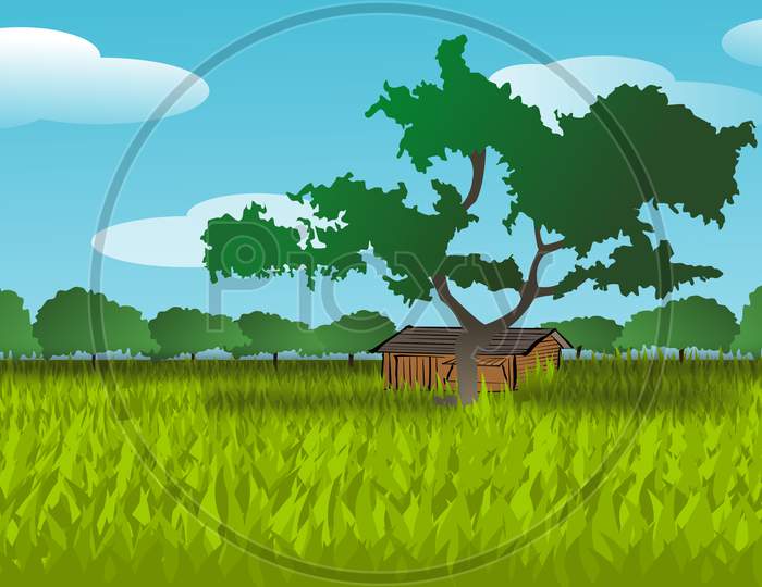 A beautiful vector graphic of the village with farmlands, trees, meadows, hurt, and clouds in the background. village landscape.