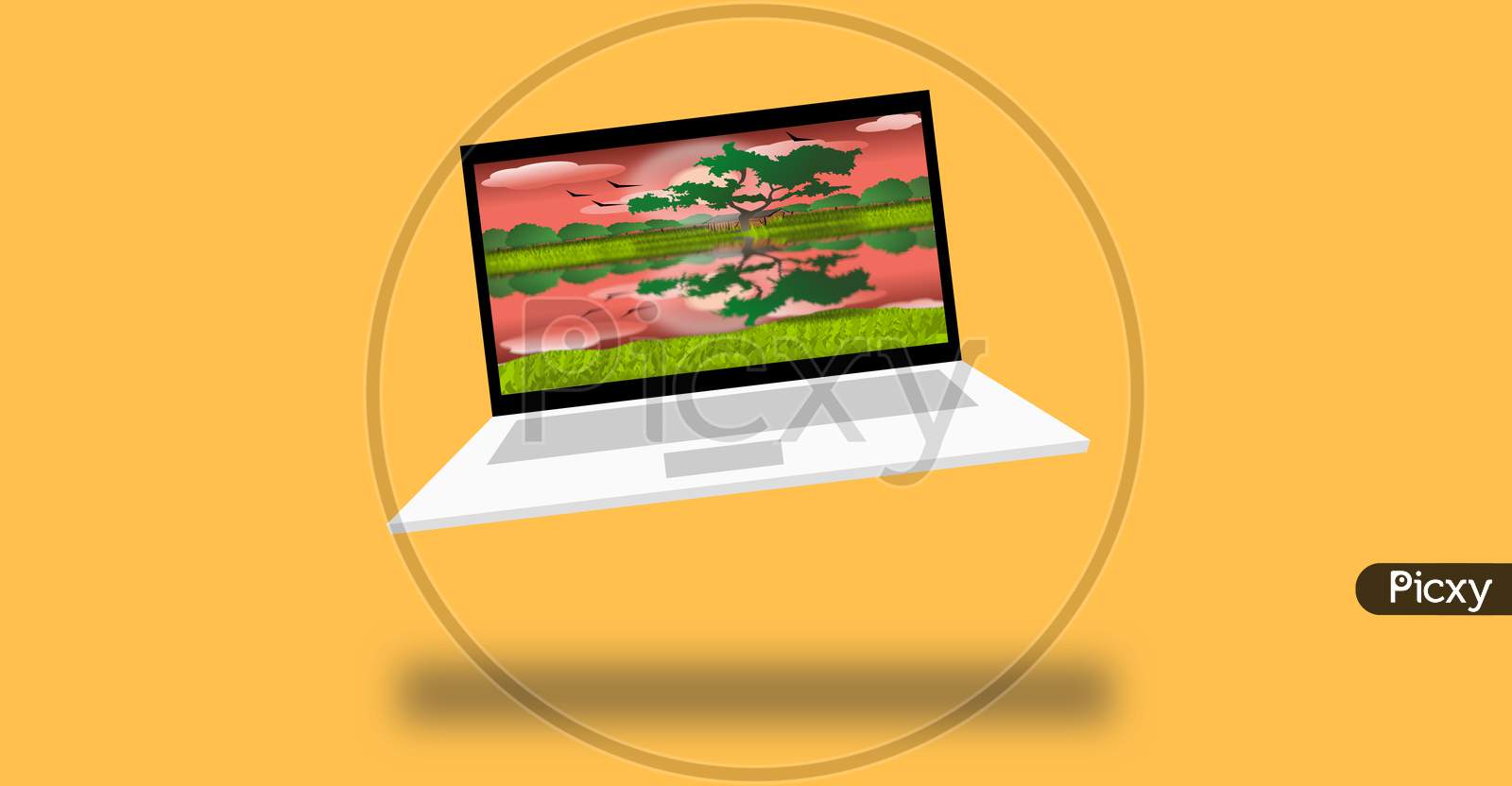 3D illustration graphic of a laptop with an evening view of the village with the red sky, bright sun, flying birds, trees, hurt, clouds, and reflection on the water, isolated on yellow background.