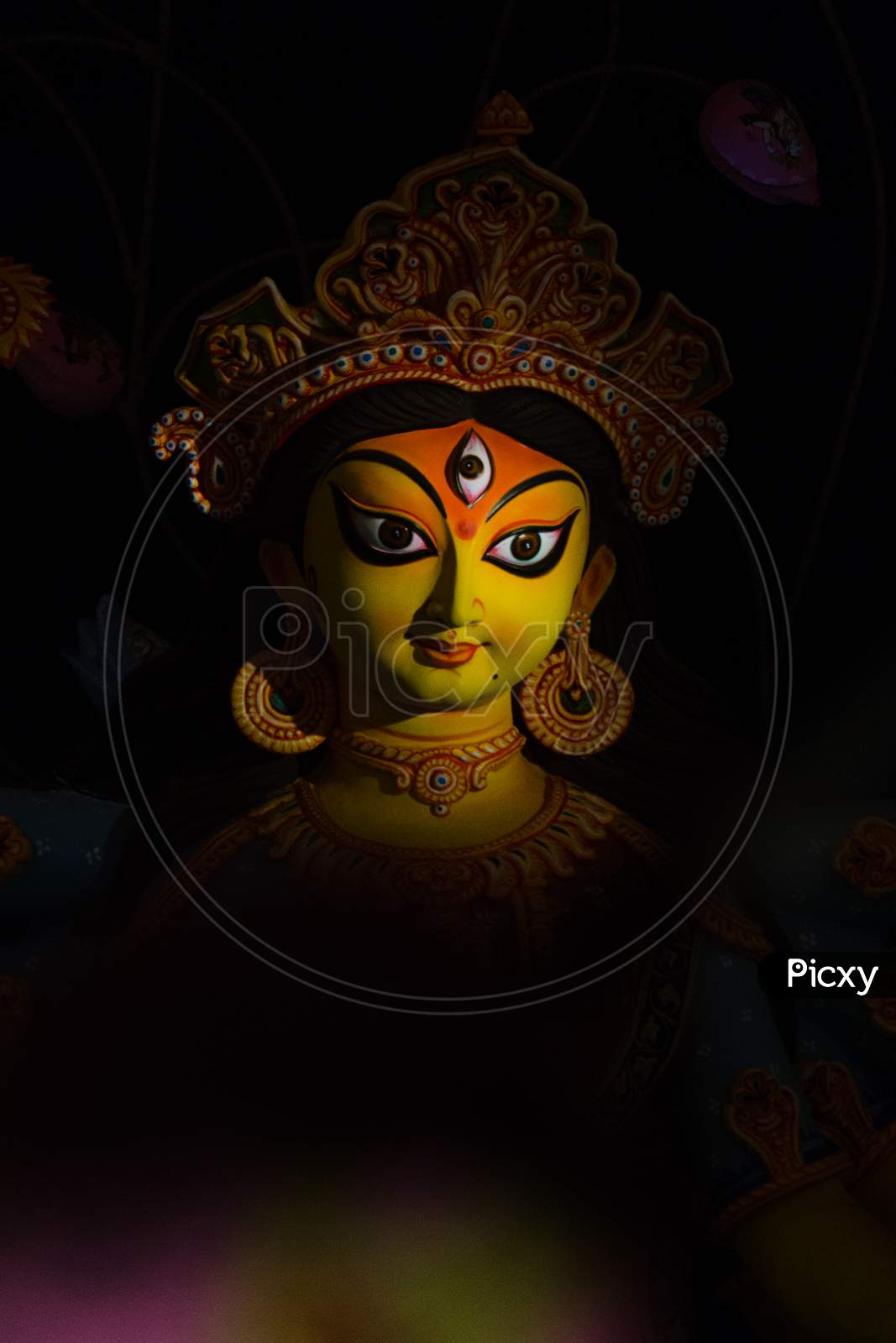 Close up of Maa Durga's face during Durga Puja.