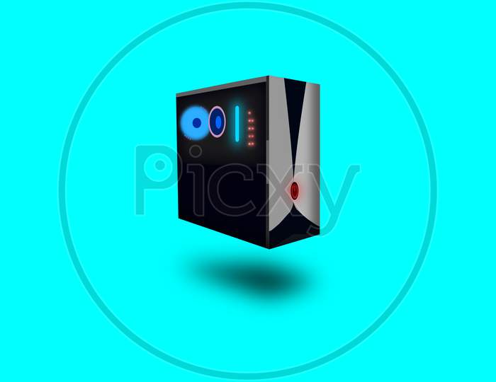 3D illustration graphic of CPU (Central Processing Unit) isolated on blue background. 3D Computer Case with half transparent body.