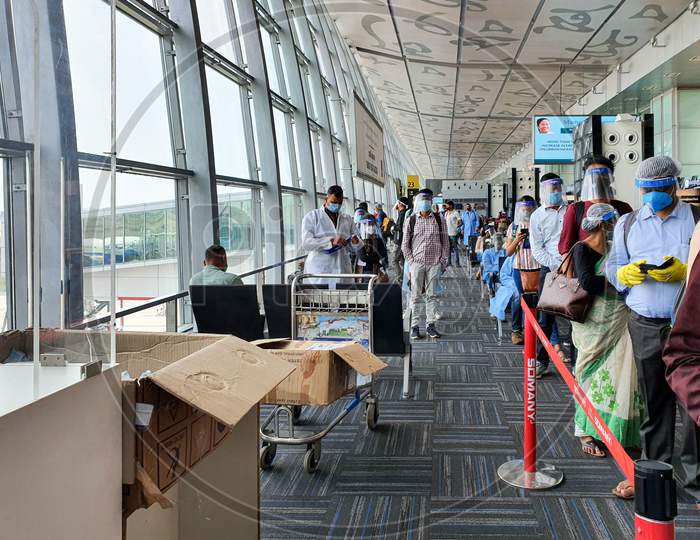 6Th June 2020- Netaji Subhas Chandra Bose International Airport, Calcutta, India-Travellers Boarding Flights In Queue Maintaining Social Distancing At Calcutta Airport