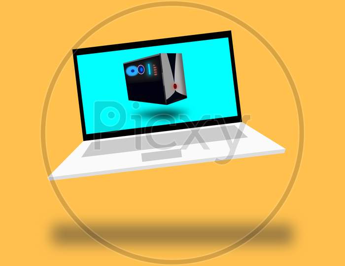 3D illustration graphic of a laptop with CPU (Central Processing Unit) or Computer Case with half transparent body on the display, isolated on yellow background.