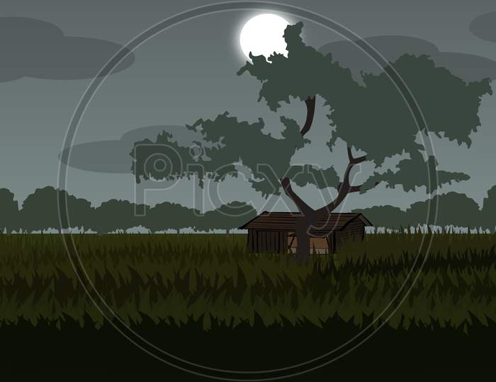 A beautiful night view illustration graphic of the village with farmlands, trees, meadows, hut, clouds and full moon in the background. village landscape.