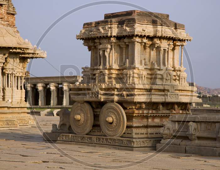 The Stone Chariot At The Vitthala Temple In Hampi In India, A Corner View Of The Stone Chariot In The Vitthala Temple.
