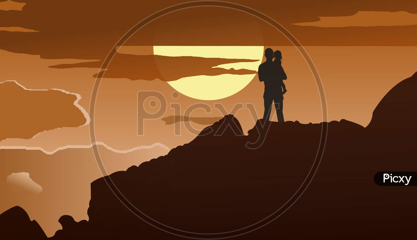Illustration graphic of Father and daughter standing and enjoying the beautiful mountain range and the bright sun hidden behind the heavy clouds. Happy father's day poster.