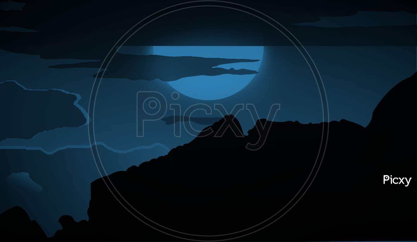 Vector graphic of the beautiful night view of mountain range and the bright moon hidden behind the heavy clouds.