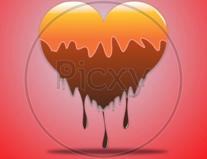 chocolate stain in the form of heart with falling drops isolated on chocolaty brown background. heart in the form of chocolate for the celebration of valentine's day.