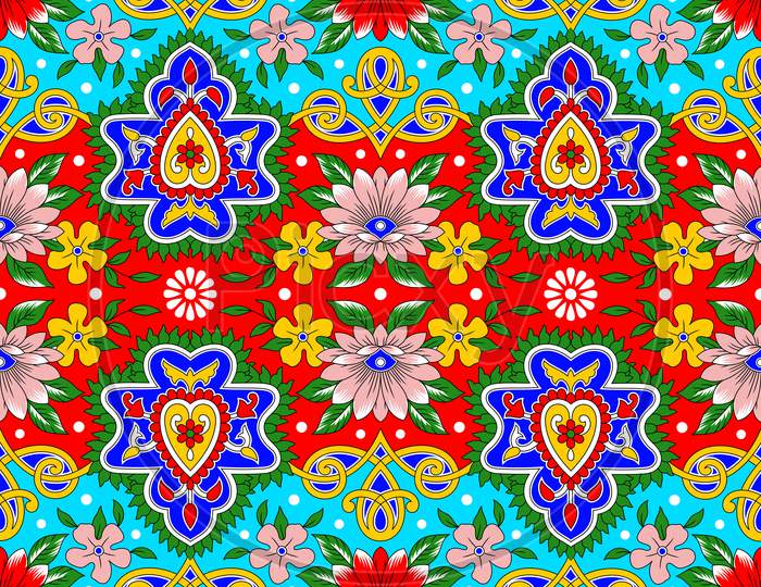 Colorful Abstract Kalamkari Floral Flower Leaf Pattern Background Design.