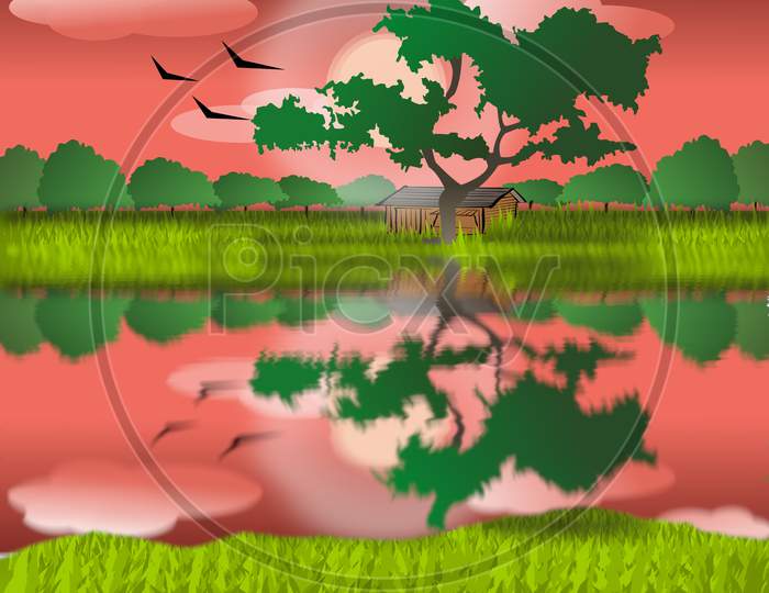 A beautiful evening view illustration graphic of the village with the red sky, bright sun, flying birds, farmlands, trees, meadows, hurt, clouds, and a lunar reflection on the water in the background.