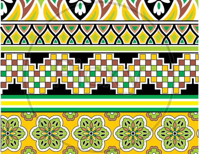 Seamless Ethnic Floral Paisley Stripe Pattern, Border Set