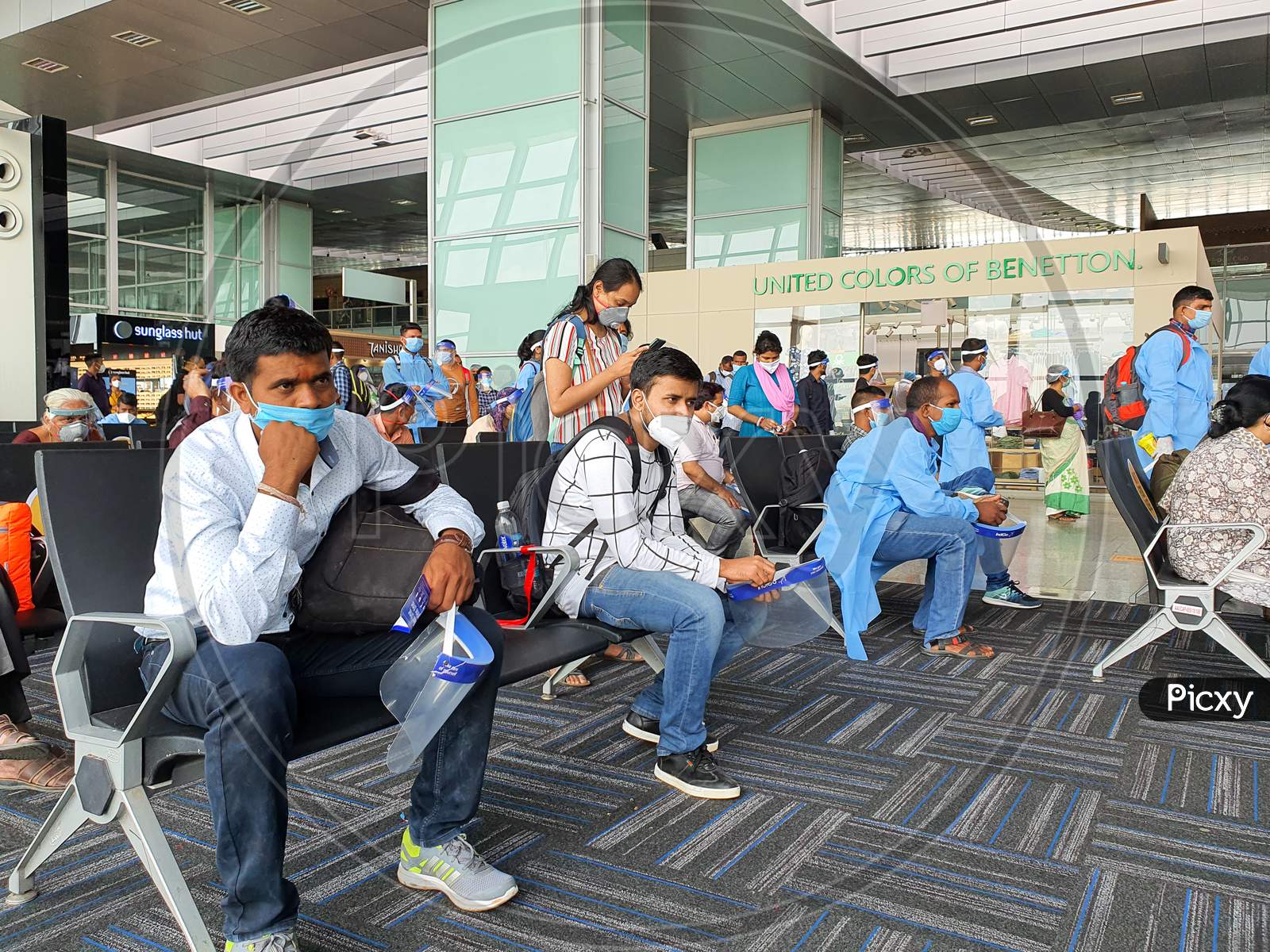 6Th June 2020- Netaji Subhas Chandra Bose International Airport, Calcutta, India-Travelers Maintaing Social Distancing In Protective Gear Before Boarding Flight At Airport