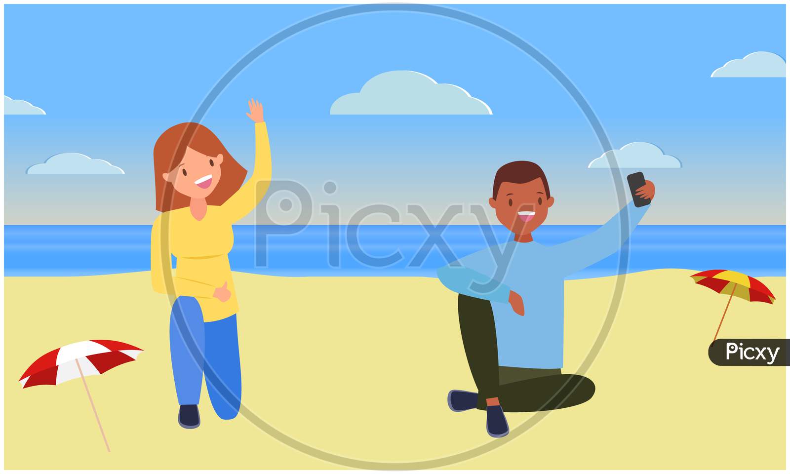 Couple Is Sitting on Sand On The Beach