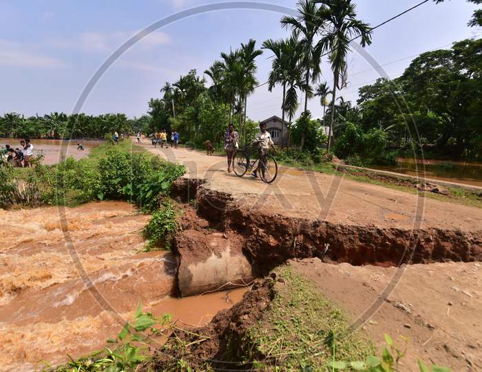 A damaged Road At Flood Affected area at  Pramila Village Near Kampur In Nagaon District Of Assam On June 7,2020
