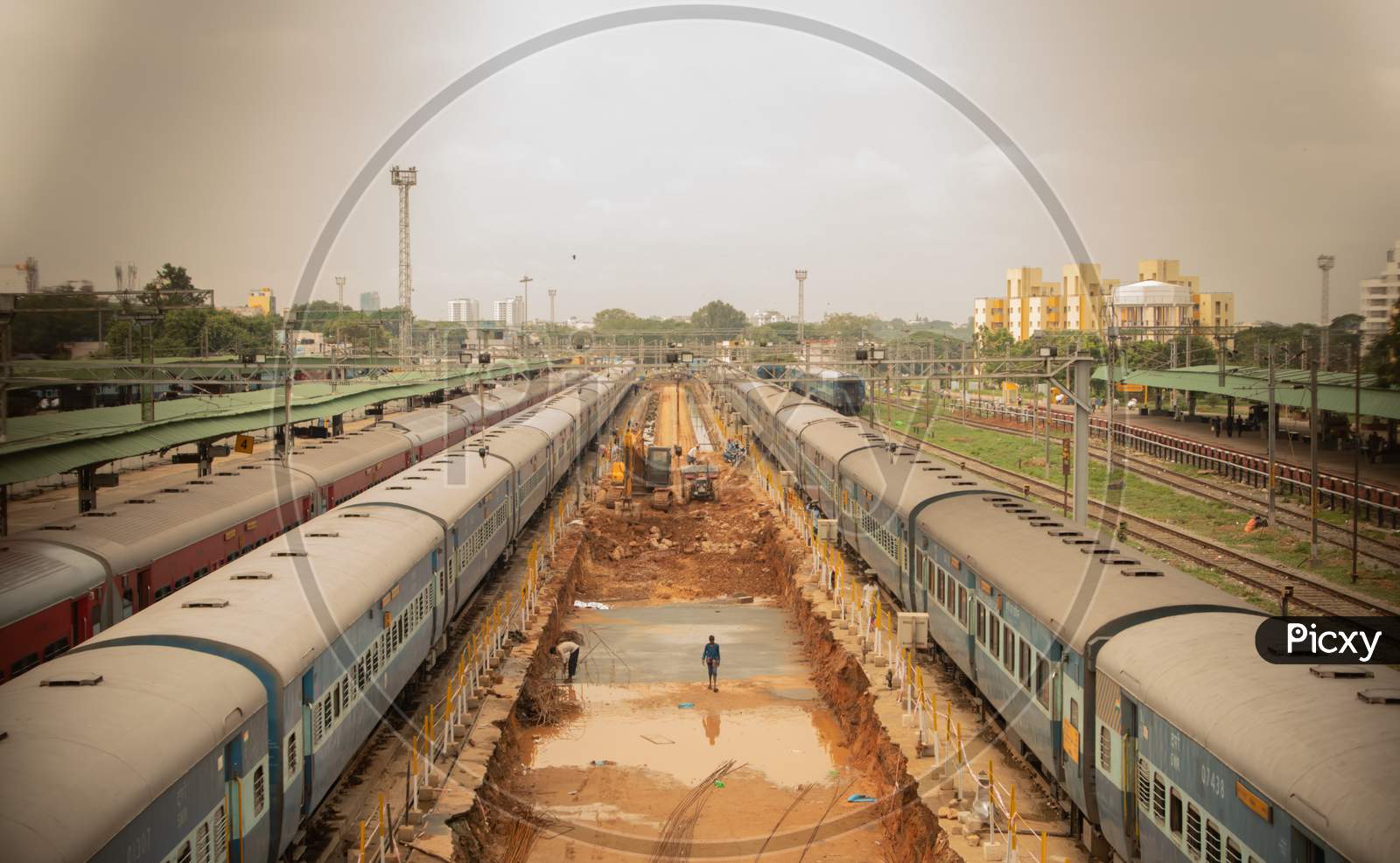 Bengaluru, India - June 03,2019 :Aerial View Of Busy People In Construction Work Of Railway Track At Bangalore Railway Station During Morning Time.