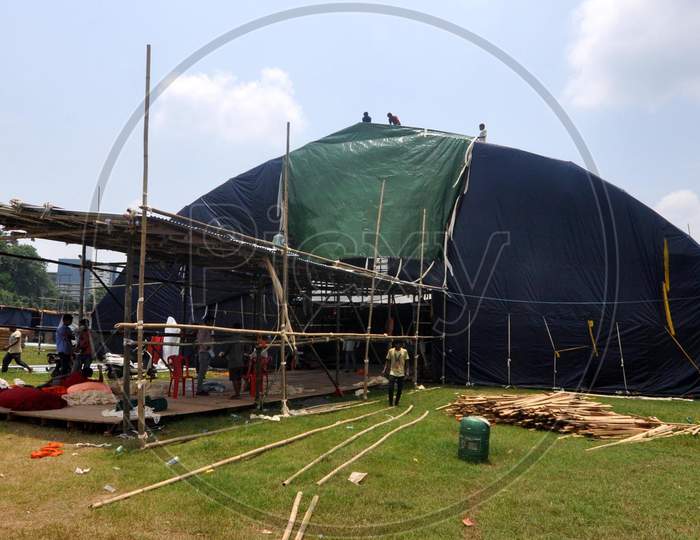 Workers  Build A Quarantine Center For Treating Critical Covid-19 Patients, At A Veterinary College In Khanapara Area Of Guwahati On June 8,2020.