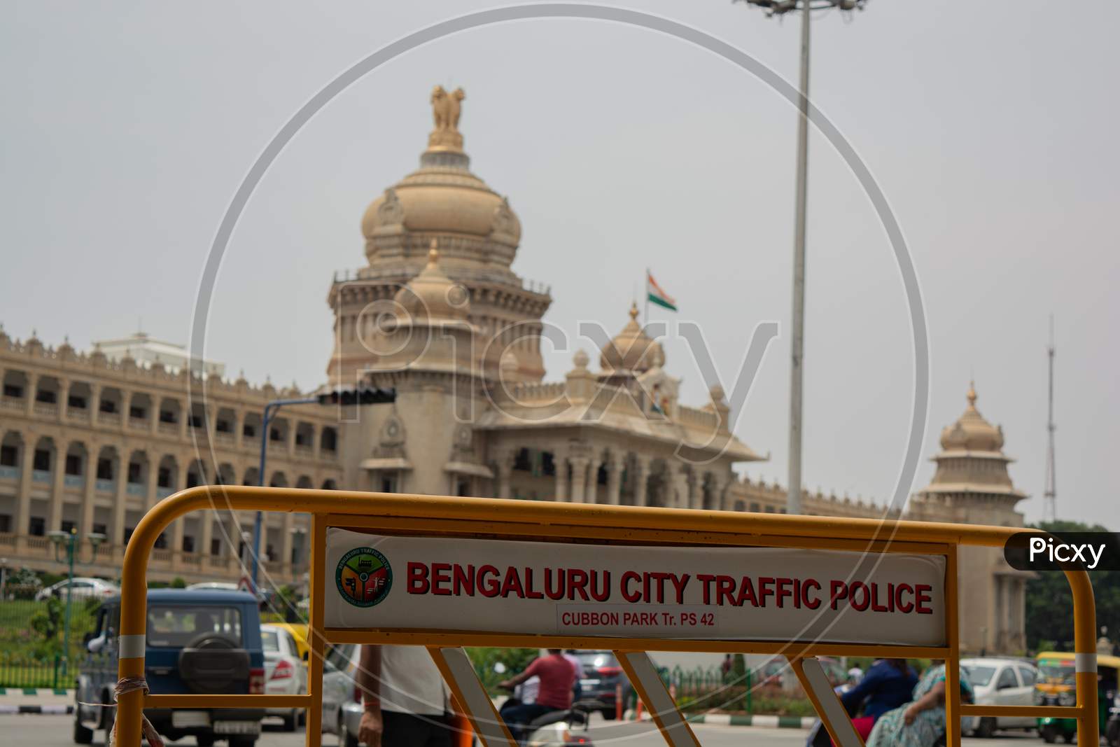 Bangalore, Karnataka India-June 04 2019 : Bengaluru City Traffic Police Barricate With Backdrop As Vidhana Soudha Bengaluru