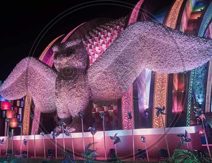 Large Owl Sculpture With Wings Open Standing Outside Durga Puja Panda. Owl Statue For Celebrating Durga Puja Festival.