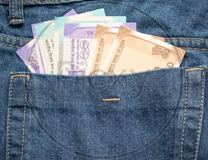 New Series Of All Indian Currencies,Money In Jeans Pocket.