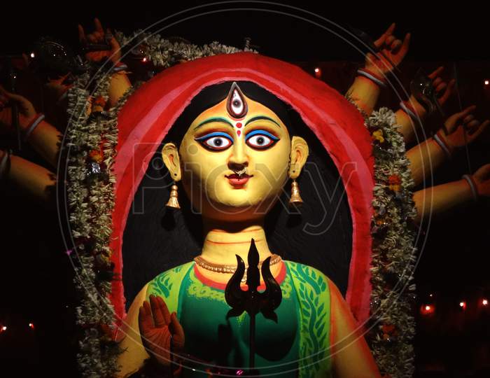 Indian hindu god maa durga face in closeup