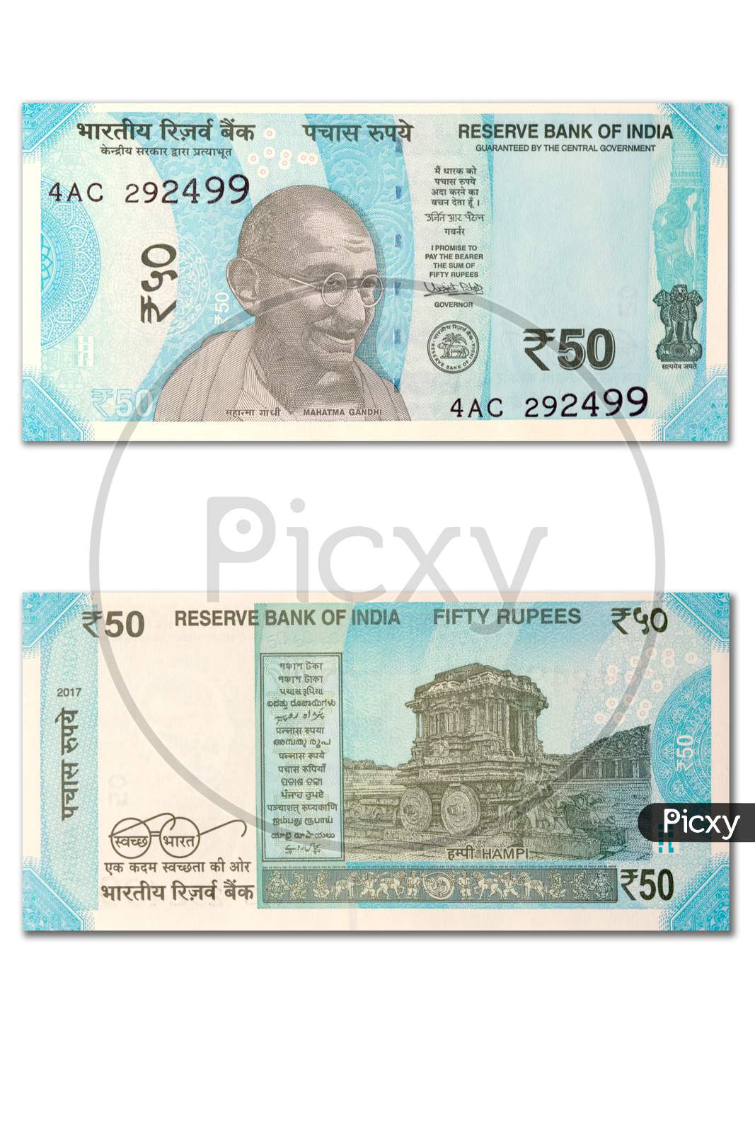 New Indian 50 Rupees Front And Back View On Isolted White Background