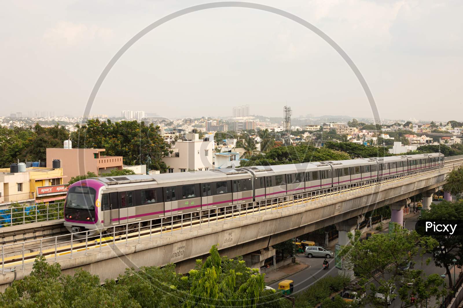 Aerial View Bengaluru Metro Moving On The Bridge Near Vijaya Nagara, Bengaluru , India