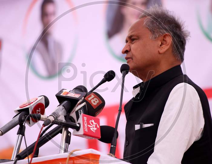 Rajasthan Chief Minister Ashok gehlot participate in a campaign rally ahead of Lok Sabha Elections, 2019 in Ajmer, Rajasthan.