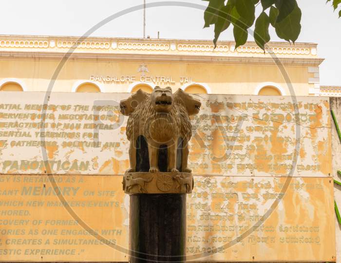Bangalore, Karnataka India-June 04 2019 :State Emblem Of India Infront Of The Bangalore Central Jail At Karnataka,India